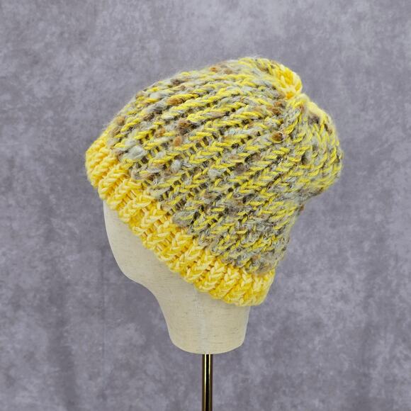 Yellow White Crochet Knit Bucket Cap Hat Fun Vintage Y2K Funky Beanie - Picture 3 of 4
